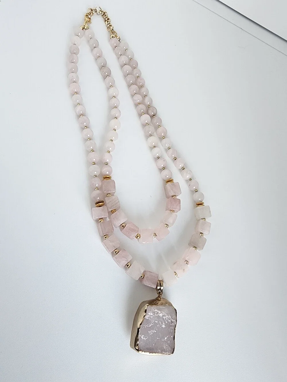 Rose Quartz Statement Necklace Double Strand Raw Stone Pendant 18" - Picture 4 of 5